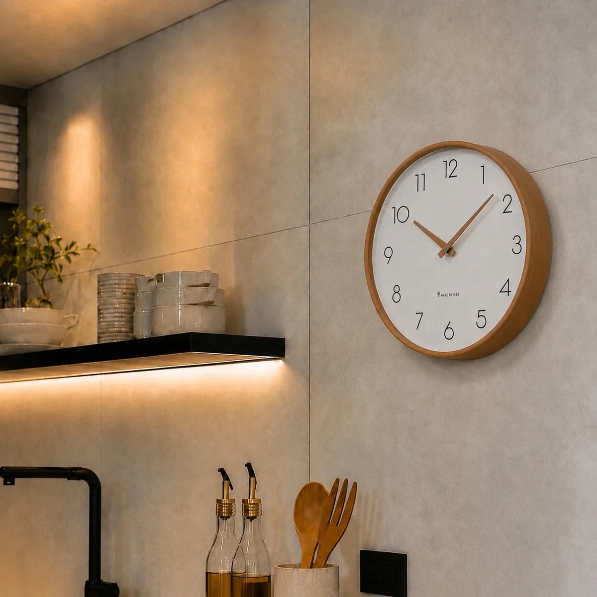 Toscana Brown 26cm wooden wall clock, in a kitchen