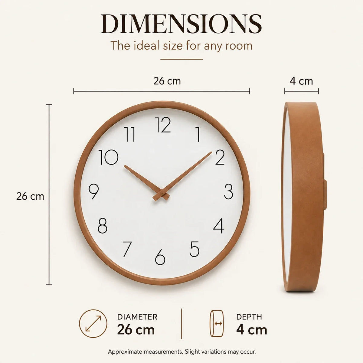 Toscana Brown 26cm wooden wall clock, size guide, 26 cm diameter